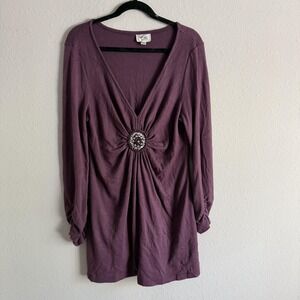 Beige by eci Sweater Womens Medium Purple Beaded Ruched V Neck Tunic Top Knit